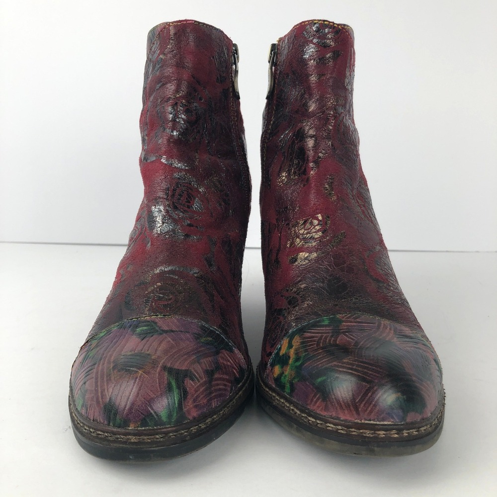 L'Artiste Spring Step Waterlily Floral Leather Ankle Boots Sz 39 Red Metallic - Picture 7 of 16